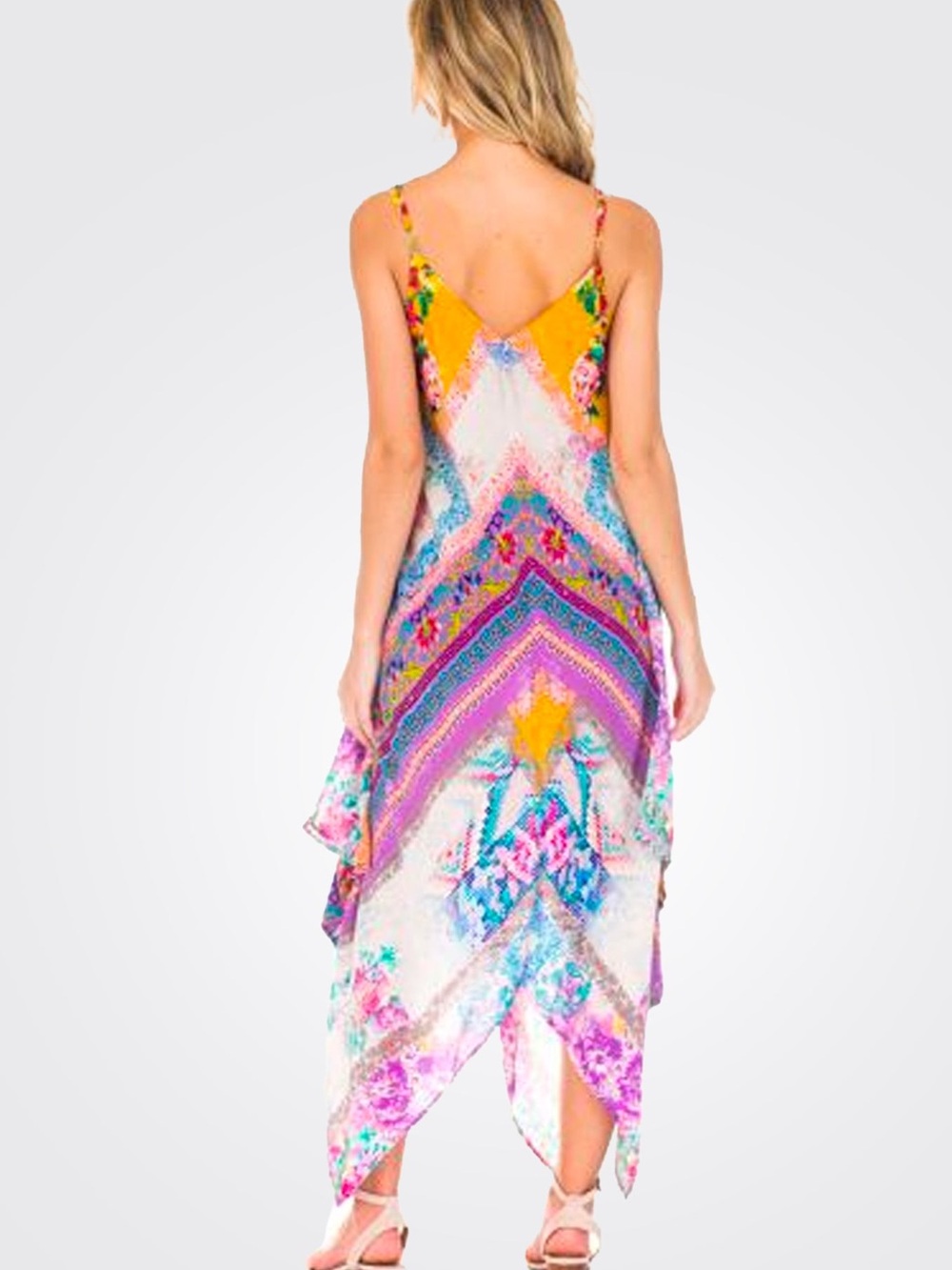 Tropical Feathers by Tolani Handkerchief Hem Maxi Dress Size Large 100% Cupro - Picture 6 of 9